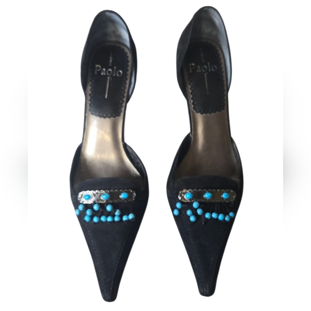 Paolo Black Suede Heels with Turquoise Bead Trim – Women’s 8